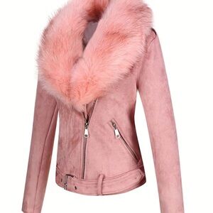Pink Faux Fur Collar Suede-Look Bomber Jacket
